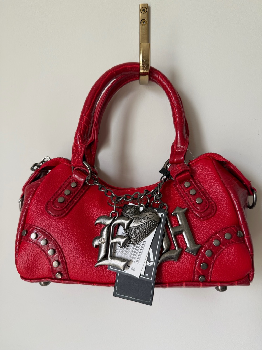 Ed Hardy Red crocodile leather Studded mini Satchel bag with Charm